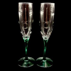 Vintage Libbey Domaine Juniper Green Stem Champagne Flutes Set‎ of 2
